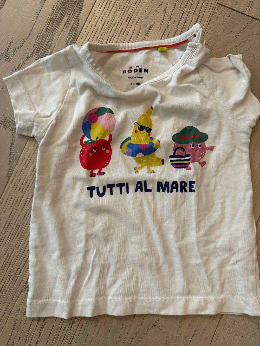 Mini Boden White Tee with Colorful Beach Characters